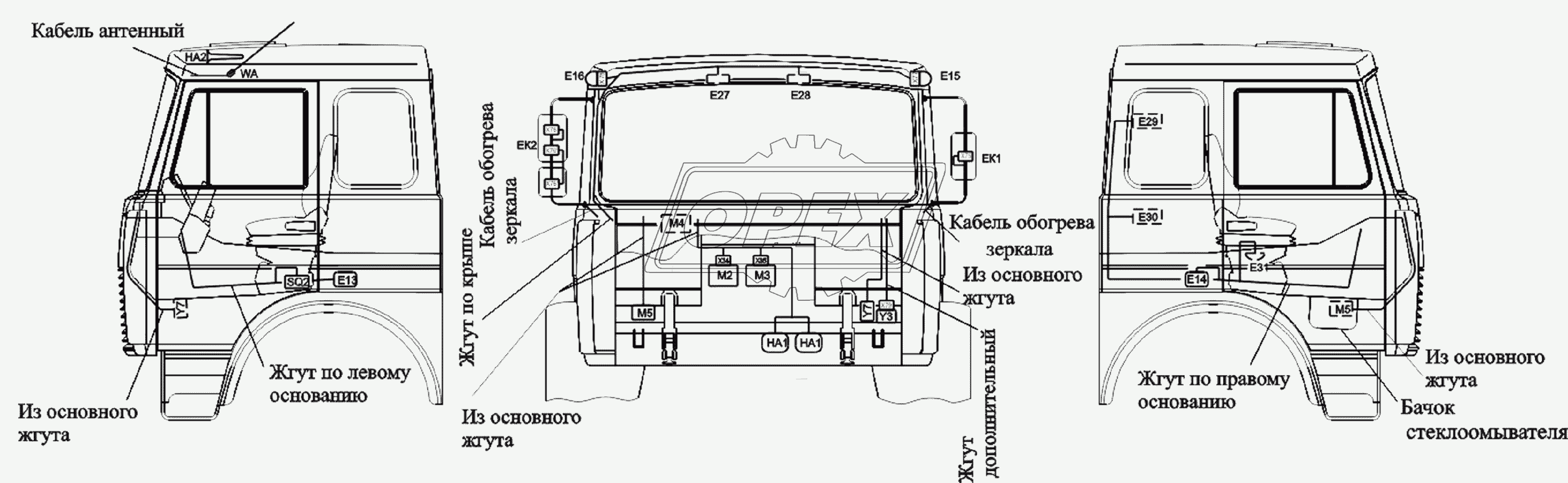 Расположение разъемов и элементов электрооборудования на большой кабине автомобилей-шасси